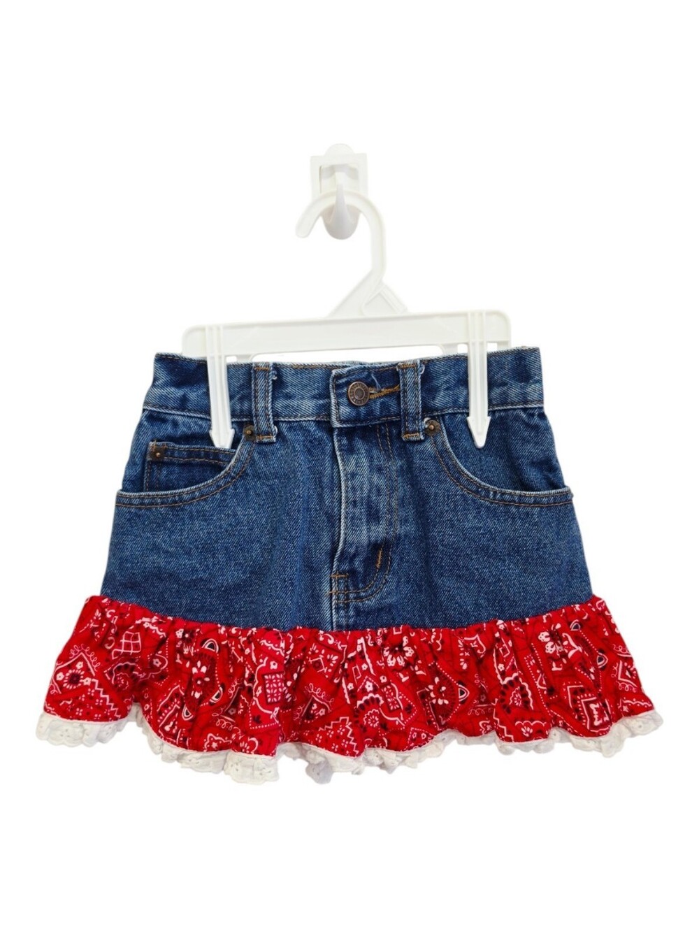 Kiddie Korral Girls Denim Bandana Ruffle Skirt Size 5 Western Cowgirl Red Blue